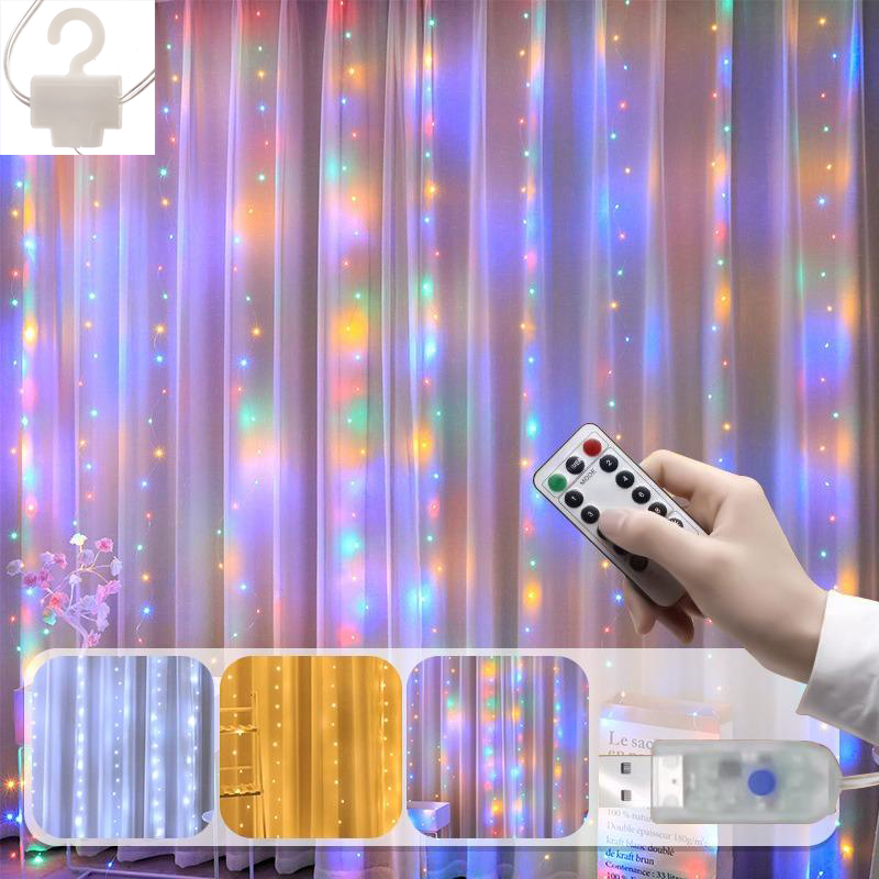 Гирлянда-штора Огонек OG-LDG22 LED Мультицвет с крючками (3х3м, 300 ламп, пит от USB)