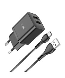 Блок пит USB сетевой HOCO N25 Maker 2хUSB-A, + кабель USB-A на USB-C, 2,4А, черное (13/130)
