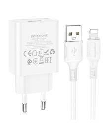 Блок пит USB сетевой  BOROFONE BA74A, 1хUSB-А, 2.1А + кабель (AM-8pin (Lightning), 1 м, белый (60/