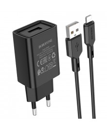 Блок пит USB сетевой BOROFONE BA68A + кабель Lightning Чёрный (1USB, 2100mA)USB Блоки питания, зарядки оптом с доставкой по России.