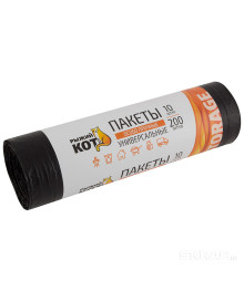 Мешки для мусора  "РЫЖИЙ КОТ" 200л (10шт./рул.) особо прочные, ПВД, черные, 30мкм
