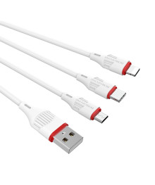 Кабель USB - 3в1 BOROFONE BX17 Enjoy AM-8pin (Lightning)/microBM/Type-C  1 метр, 2.4A, ПВХ, белыйВостоку. Адаптер Rolsen оптом по низкой цене. Качественные адаптеры оптом со склада в Новосибирске.