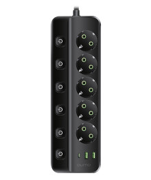 сет/фильтр QUMO Power Bar 5 выключаемых розеток, 2м, чёрный, 2500Вт, 10A, кабель 3*1 мм медь.